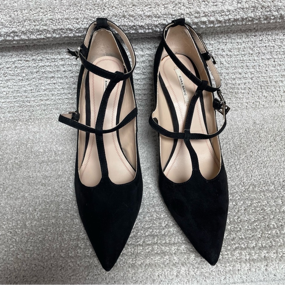 Zara Basic Black Suede Strappy Silver Hardware 4" Stiletto Heels Sexy Evening